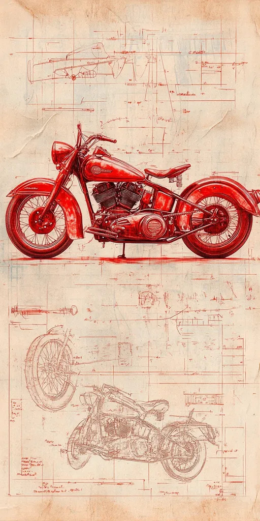 A vintage illustration showcases a vibrant red motorcycle against a backdrop of faded technical blueprints.  The detailed drawing emphasizes the bike's classic design, with accompanying schematics highlighting its intricate mechanical components. The image blends artistic rendering with technical specifications, creating a nostalgic and informative piece.  The overall effect suggests a blueprint or design concept for a classic motorcycle.
