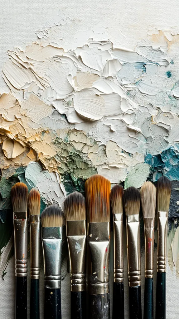 A close-up shot reveals a palette knife's textured strokes of creamy white, beige, and muted greens and blues.  Nine paintbrushes, varying in size and bristle type, stand upright against the textured paint, their metallic ferrules gleaming.  The brushes are subtly stained with paint, hinting at recent artistic activity. The overall image evokes a sense of artistic process and creation.