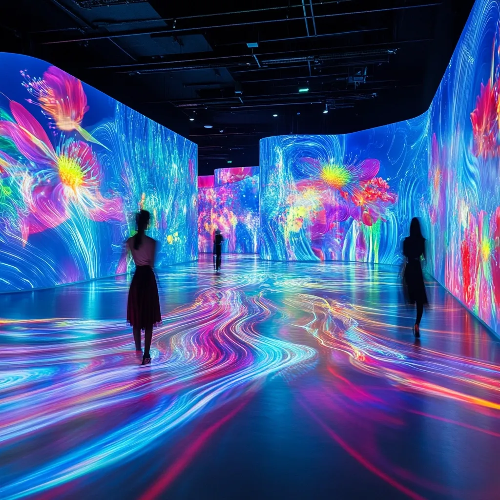 Immersive digital art installation featuring vibrant, flowing visuals of flowers and abstract patterns projected onto curved walls and the floor.  Silhouetted figures walk through the space, becoming part of the mesmerizing, colorful display. The artwork creates a dreamlike, otherworldly atmosphere.