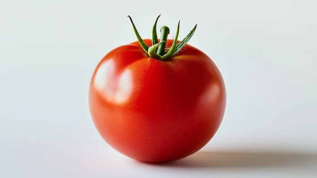 A single, ripe red tomato sits on a white background.  Its smooth skin gleams subtly under soft light. The green calyx is still attached at the top. The tomato is round and plump, exhibiting a rich, deep red color.  The image is simple and focuses on the tomato's vibrant hue and texture.