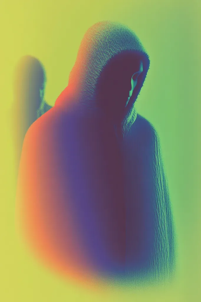 A stylized image depicts a hooded figure, their face obscured, standing against a blurred, out-of-focus background.  The figure is rendered in a vibrant gradient of blues, oranges, and greens, giving a dreamlike, ethereal quality. Another, less defined figure is partially visible behind the hooded one, adding to the mysterious atmosphere.  The overall effect is one of ambiguity and concealment.