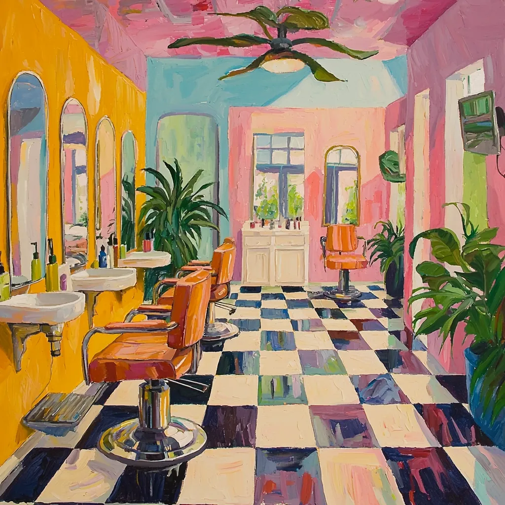 A vibrant painting depicts a stylish hair salon.  Orange barber chairs are arranged around mirrored stations in a room with bright yellow and pink walls, a checkered floor, and tropical plants.  Sunlight streams in through windows, illuminating the cheerful space.  A ceiling fan adds to the retro aesthetic.  The impasto style creates a textured, energetic feel.