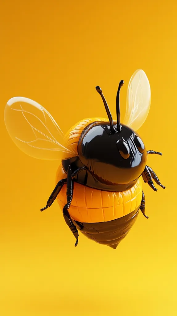 A stylized 3D rendering of a bumblebee against a vibrant yellow background.  The bee's body is segmented, with a glossy black head and thorax and a textured, bright orange abdomen.  Its transparent wings are subtly detailed, and its legs are sleek and black.  The overall aesthetic is playful and modern, suggesting a cheerful, cartoonish interpretation of a bee.