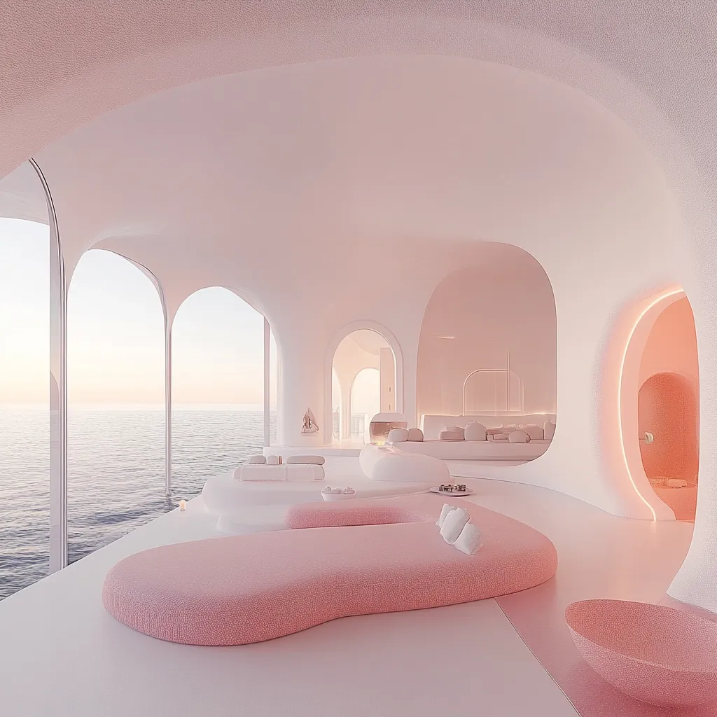 A minimalist, ocean-view living space is rendered in soft pink hues.  Organic, curved walls create intimate alcoves.  A large, plush pink daybed anchors the room, facing expansive windows showcasing a calm sea.  The overall aesthetic is serene and luxurious, emphasizing gentle curves and a pastel color palette.  Subtle lighting enhances the calming atmosphere.