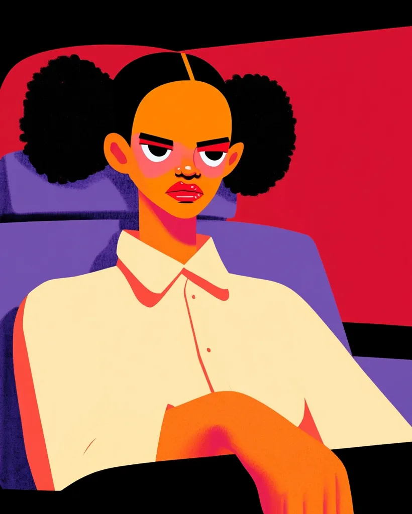 A stylized illustration depicts a young woman with dark curly hair in two buns, seated and appearing annoyed.  Her orange skin contrasts with her cream-colored collared shirt.  The bold, graphic style utilizes a limited color palette of oranges, reds, and purples, creating a striking visual impact. The woman's stern expression and posture convey a sense of discontent.