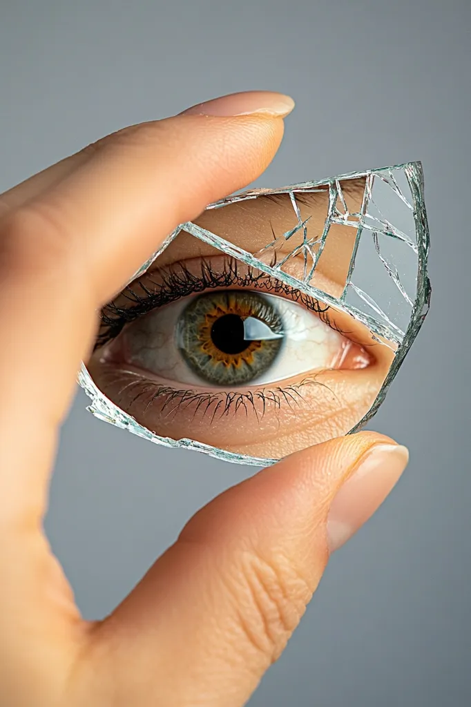 A hand delicately holds a shard of broken glass, its jagged edges framing a woman's eye. The eye, with its green and brown iris, gazes directly at the viewer through the fractured mirror. The contrast between the fragility of the glass and the directness of the gaze creates a powerful visual.  The image suggests vulnerability, introspection, or a fractured sense of self.