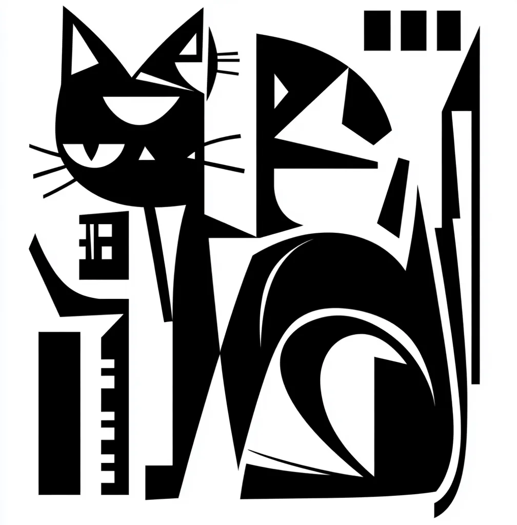 A stylized black and white illustration of a cat. The image uses geometric shapes and bold lines to create an abstract representation of a feline. The cat's head is clearly defined, while its body is depicted in a more fragmented, cubist style.  The overall effect is bold and graphic, with a strong sense of movement and energy.  The background is white, providing a stark contrast to the black cat silhouette.