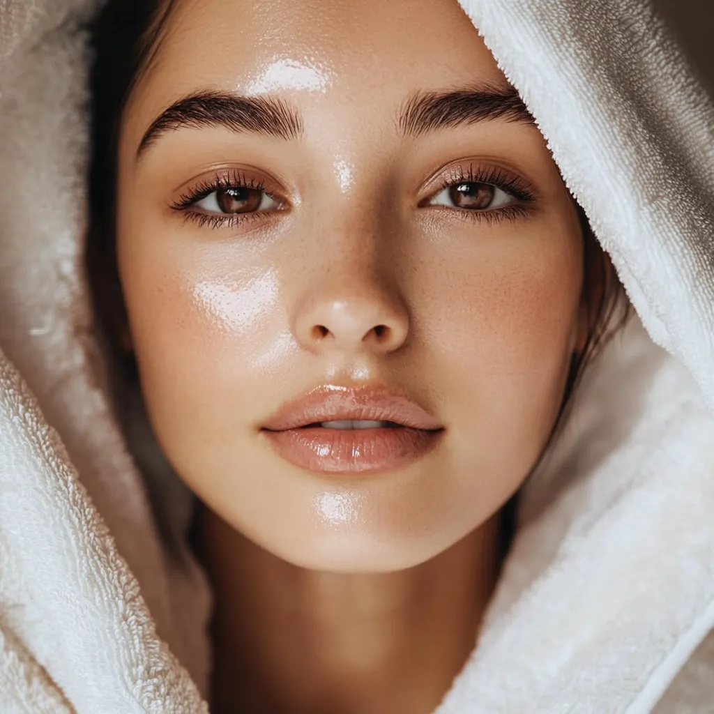 Close-up of a young woman's face, her skin glistening with a healthy, dewy sheen.  She's partially covered by a white hooded towel, her dark eyebrows and brown eyes accentuated against her smooth complexion.  The overall impression is one of natural beauty and skincare radiance.