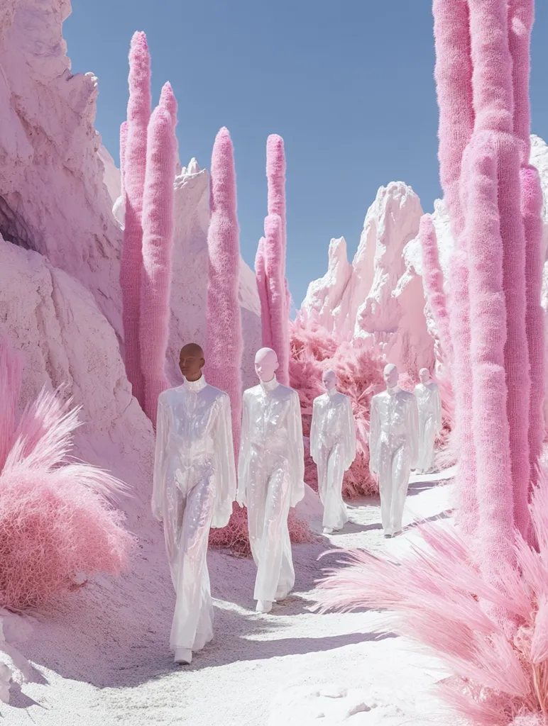 Models in shimmering white jumpsuits walk a path through a surreal, pink landscape.  Towering, fluffy pink cacti and soft, pink grasses line the path, which winds between sculpted, pale pink rock formations.  The scene is otherworldly and dreamlike, bathed in bright sunlight.  The overall aesthetic is futuristic and fantastical.