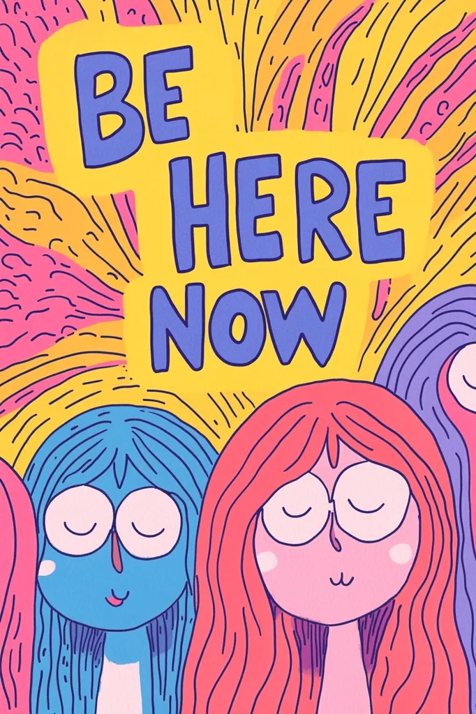 A vibrant illustration features the phrase "BE HERE NOW" in bold, purple lettering against a yellow background.  Surrounding the text are stylized female figures with long, flowing hair in various shades of pink, blue, and purple.  The overall style is playful and reminiscent of 1960s and 70s psychedelic art.  The image promotes mindfulness and presence.