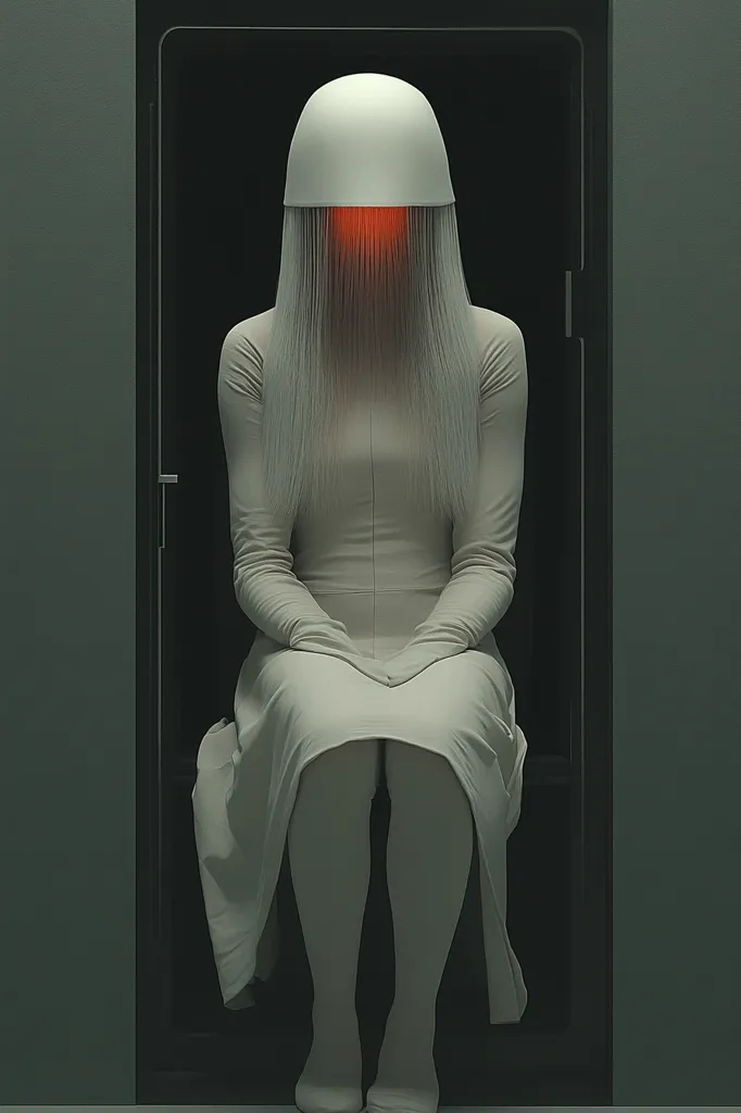 A figure sits in a dark alcove, cloaked in a flowing white garment and a helmet emitting a soft, red glow.  The long, white hair partially obscures the face. The overall aesthetic is minimalist and somewhat unsettling, creating a sense of mystery and isolation. The scene is monochromatic, emphasizing the figure's stark presence.
