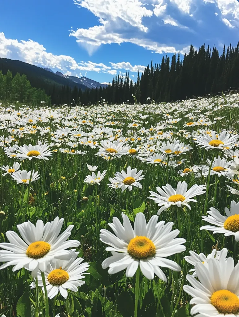 A vibrant field of daisies stretches out before a backdrop of majestic mountains and a dark evergreen forest.  The bright white petals of the daisies contrast beautifully against the lush green grass and the deep blue sky dotted with fluffy white clouds.  The scene evokes a sense of tranquility and the beauty of nature.
