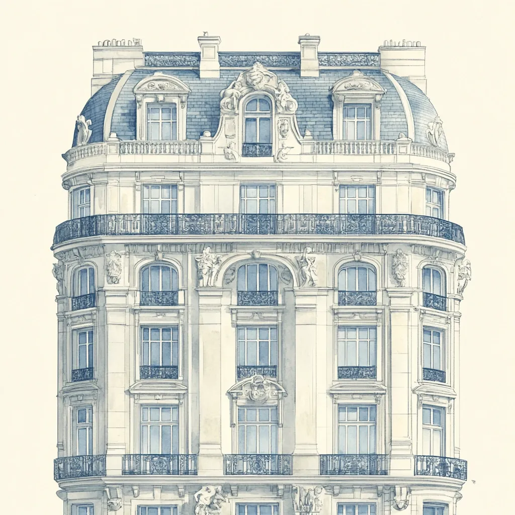 A detailed architectural rendering of a grand, multi-story building, likely in a European style.  The building features a mansard roof, ornate detailing, arched windows, and multiple balconies with intricate ironwork.  The color palette is muted, with soft blues and creams, creating an elegant and refined aesthetic.  The illustration emphasizes the building's symmetry and classical proportions.