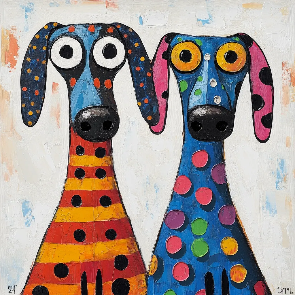 A vibrant painting depicts two stylized dogs side-by-side, their bodies adorned in bold, colorful patterns.  One dog features orange and red stripes punctuated by black polka dots, while the other boasts a blue base with multicolored polka dots.  Their large, expressive eyes and playful forms create a whimsical and cheerful artwork. The textured paint application adds depth and dimension to the piece.