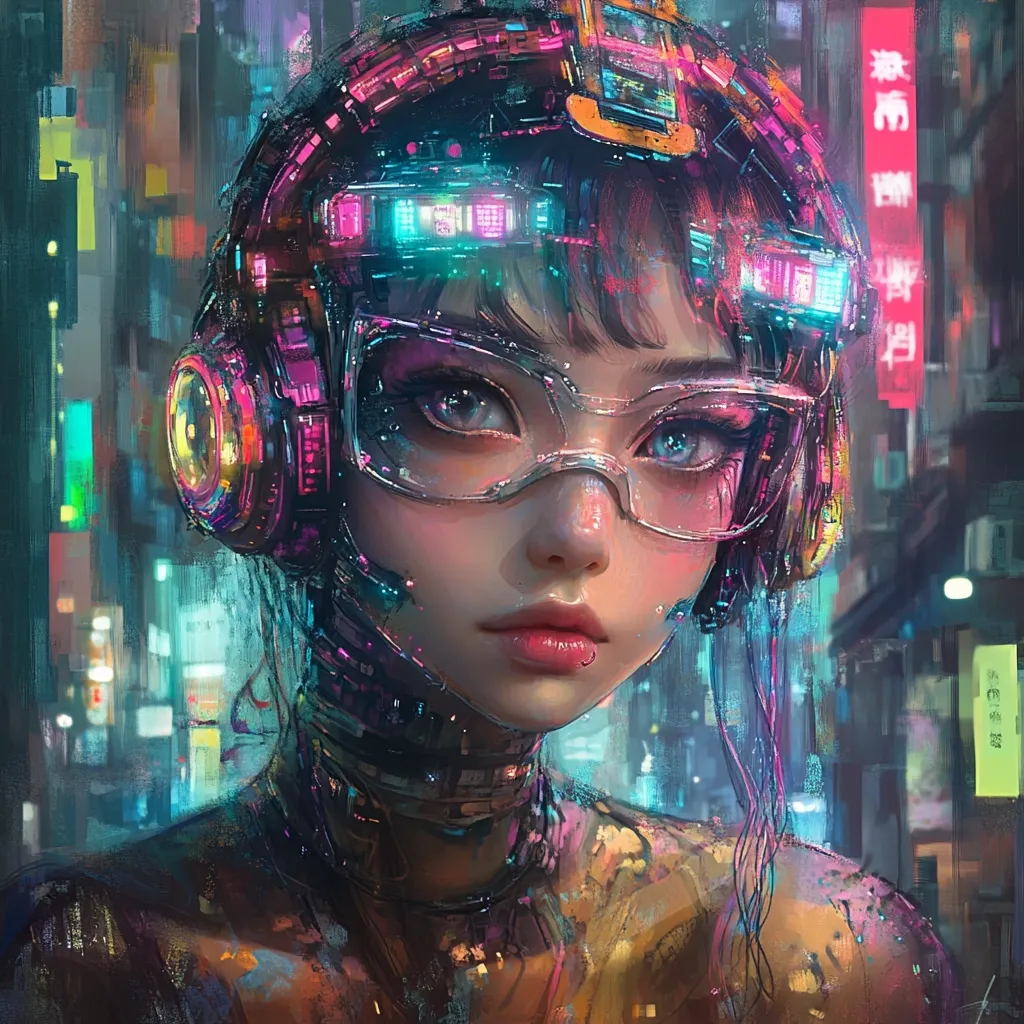 A digital painting depicts a young woman with futuristic features.  She wears translucent goggles, a complex headset with neon accents, and a partially mechanical neckpiece. Her expression is serene, and her vibrant, stylized hair blends with the neon lights of a blurred cyberpunk cityscape background. The artwork's style is painterly, with visible brushstrokes creating a dynamic and energetic feel.  Her skin is subtly textured, enhancing the overall realism of the character within the fantastical setting.