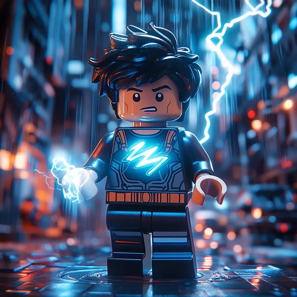 A Lego minifigure, seemingly a superhero, stands in a rain-soaked futuristic city.  He has dark hair and a serious expression, wielding glowing blue electricity emanating from his hand. His suit features a prominent lightning bolt design. The background is blurred, showcasing vibrant city lights and a stormy atmosphere, emphasizing the dramatic lighting effects on the minifigure.