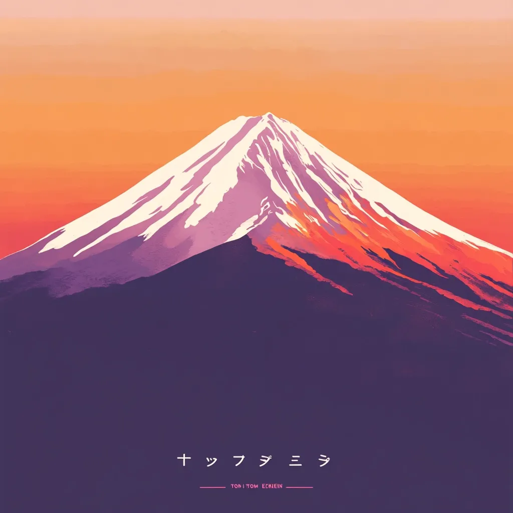 A stylized illustration of Mount Fuji at sunset.  The mountain is depicted in shades of purple, orange, and white, with the snow-capped peak prominent against a warm, orange sky.  The Japanese characters for "Mount Fuji" are displayed at the bottom, along with the artist's name. The image is minimalist and evokes a sense of serenity and beauty.