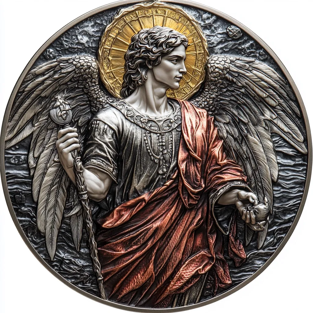 A highly detailed, circular relief sculpture depicts an angel. The angel, with flowing dark hair and large wings, holds a staff in one hand and a small orb in the other.  The angel is adorned in elaborate clothing, with a metallic gray tunic and a flowing reddish-brown robe. The background features a dark, textured design suggestive of clouds or water. The overall style is rich and ornate, with a combination of metallic colors and textures.