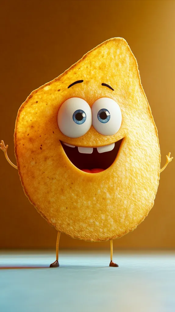 A single, anthropomorphic potato chip grins broadly, its large, expressive eyes and small, stubby legs adding to its comical charm.  The chip is golden brown and textured, suggesting a crispy exterior.  It stands against a muted orange background, its joyful expression creating a lighthearted and playful image.