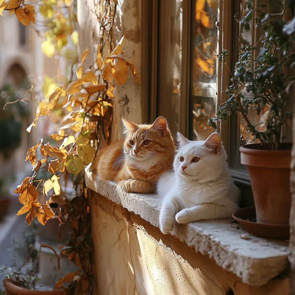 Two cats, an orange tabby and a white one, sit side-by-side on a stone windowsill.  Autumn leaves adorn the window frame.  Sunlight bathes the scene, creating a warm, cozy atmosphere. The cats appear relaxed and content, gazing outwards. A terracotta pot with a plant sits nearby, completing the idyllic autumnal setting.