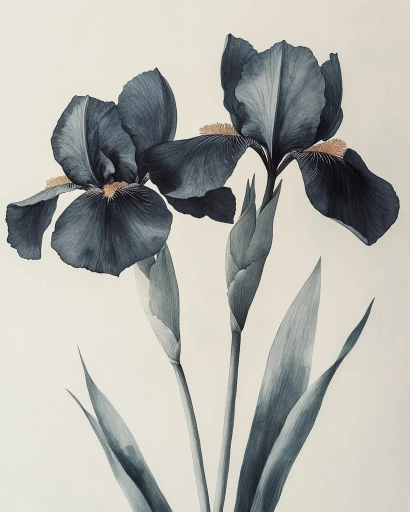 A watercolor painting showcases two dark blue irises in exquisite detail.  Their velvety petals are rendered with subtle shading, highlighting the delicate texture.  The artist captures the elegant curve of the blooms and the graceful arch of the stems, contrasted against a creamy off-white background.  Touches of pale gold accentuate the inner parts of the flowers, adding a touch of warmth to the cool color palette. The overall effect is one of refined beauty and understated elegance.
