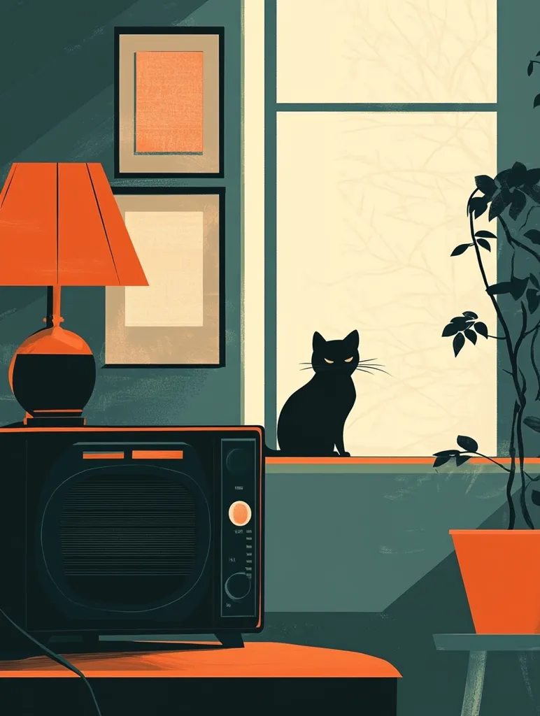 A stylized illustration depicts a tranquil indoor scene. A black cat sits on a windowsill overlooking a tree-lined view.  Inside, an orange lamp illuminates a vintage radio, resting on a low table.  Two framed pictures hang on the wall, adding to the quiet atmosphere of the room. A potted plant sits nearby, completing the homely composition. The color palette is muted and warm, creating a peaceful mood.