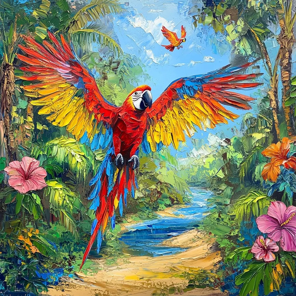 A vibrant painting depicts a scarlet macaw in flight, its wings spread wide, showcasing brilliant red, yellow, and blue plumage.  The parrot soars over a lush, tropical landscape featuring a meandering stream, vibrant hibiscus flowers, and dense, green foliage under a bright, sunny sky. A smaller macaw is visible in the distance, adding depth to the scene. The impasto style adds texture and energy to the artwork.