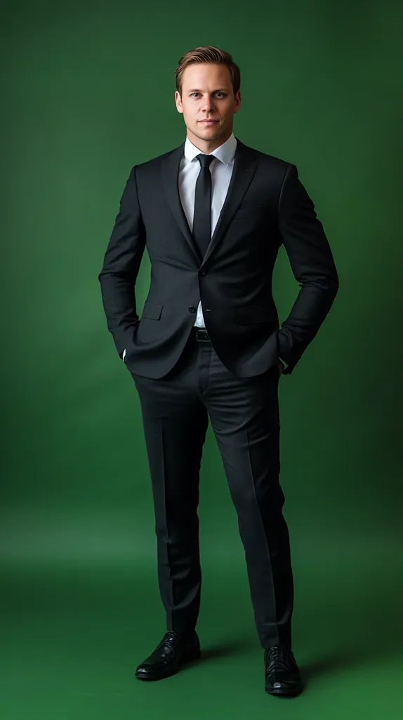 A young man in a black suit stands against a solid green background. He wears a crisp white shirt and a black tie. His hands are casually placed in his pockets. His expression is serious and composed.  The image is professionally shot, highlighting the sharp lines of his suit and his confident posture.