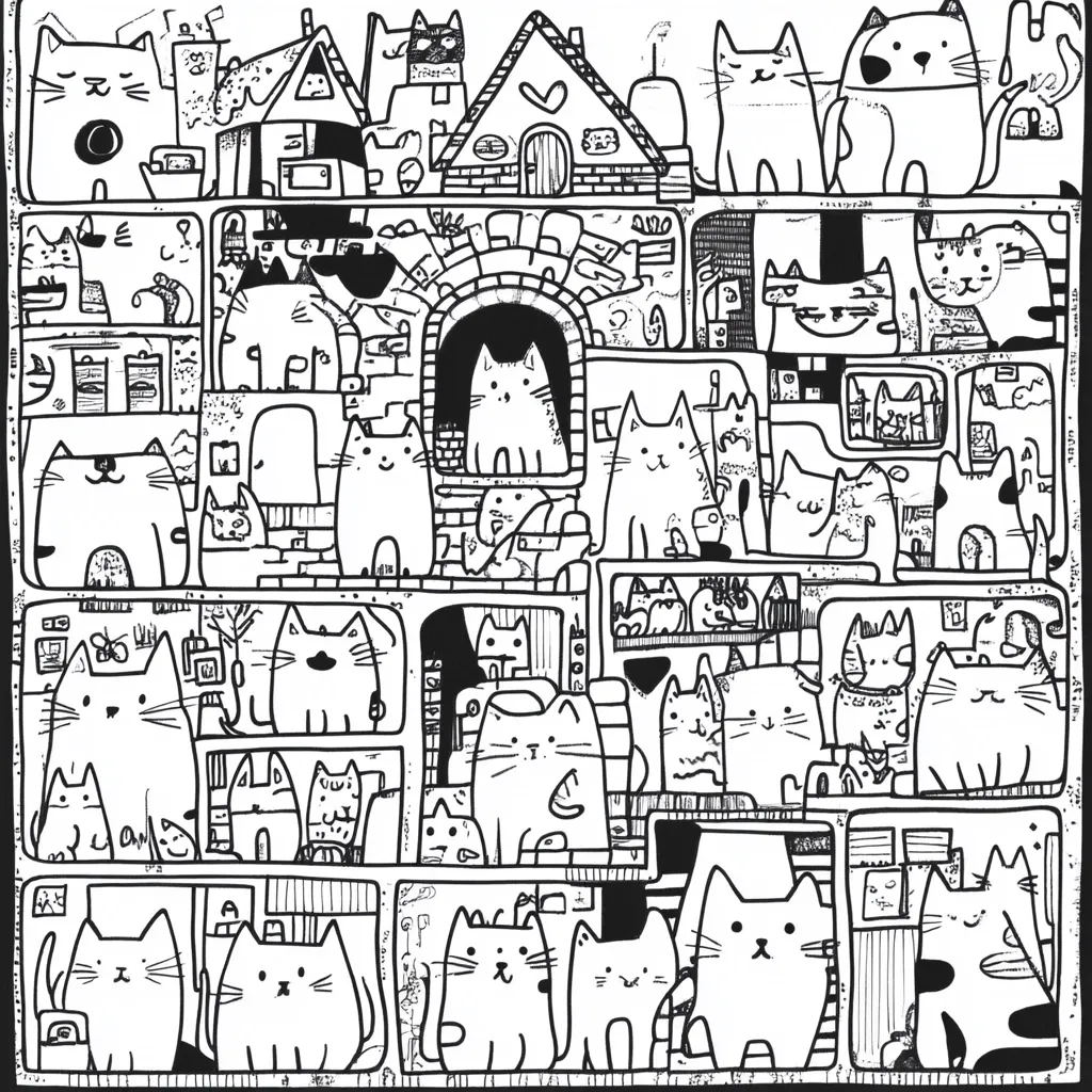 A whimsical black and white illustration densely packed with numerous cartoon cats of varying sizes and expressions.  They inhabit a series of interconnected, compartmentalized scenes resembling houses and buildings.  The style is reminiscent of a children's coloring book, with simple linework and a playful, crowded composition.  Cats are shown in various activities and poses, creating a lively and busy overall image.