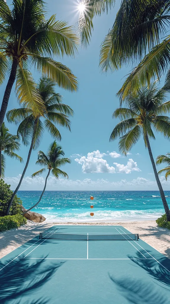 A turquoise paddle tennis court sits on a pristine beach, framed by lush palm trees swaying gently in the tropical breeze. The bright sun shines overhead, casting shadows on the court.  The ocean, a brilliant blue, stretches to the horizon, providing a stunning backdrop to this idyllic scene.  Three orange balls rest near the net.