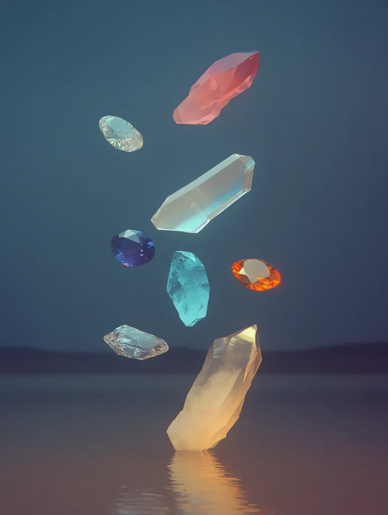 Several vibrant gemstones and crystals float against a serene, dark teal backdrop.  A large, pale quartz point rests on the calm water's surface, reflecting the light.  Other pieces include a pink crystal, a teal gemstone, and smaller, brilliantly colored gems in orange and blue, creating a visually captivating scene of ethereal beauty.