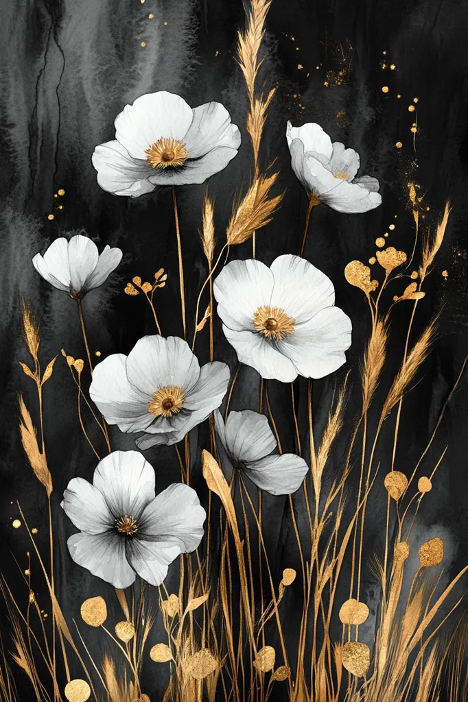 A watercolor painting showcases a bouquet of white poppies and gold grasses against a dark background.  The poppies are rendered in shades of gray and white, their centers highlighted with gold.  The gold grasses add a touch of elegance, contrasting beautifully with the dark, moody backdrop speckled with gold accents. The overall effect is one of sophisticated beauty and understated luxury.