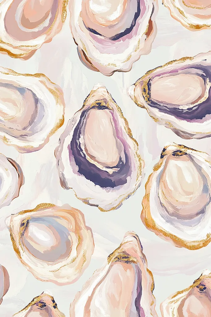 A painterly illustration features numerous oyster shells in varying shades of pink, purple, and white, outlined with gold.  The shells are depicted in a casual arrangement against a light grey-white background, creating a textured and elegant design.  The style is loose and expressive, with visible brushstrokes adding to the artwork's charm. The overall effect is one of soft sophistication and coastal elegance.