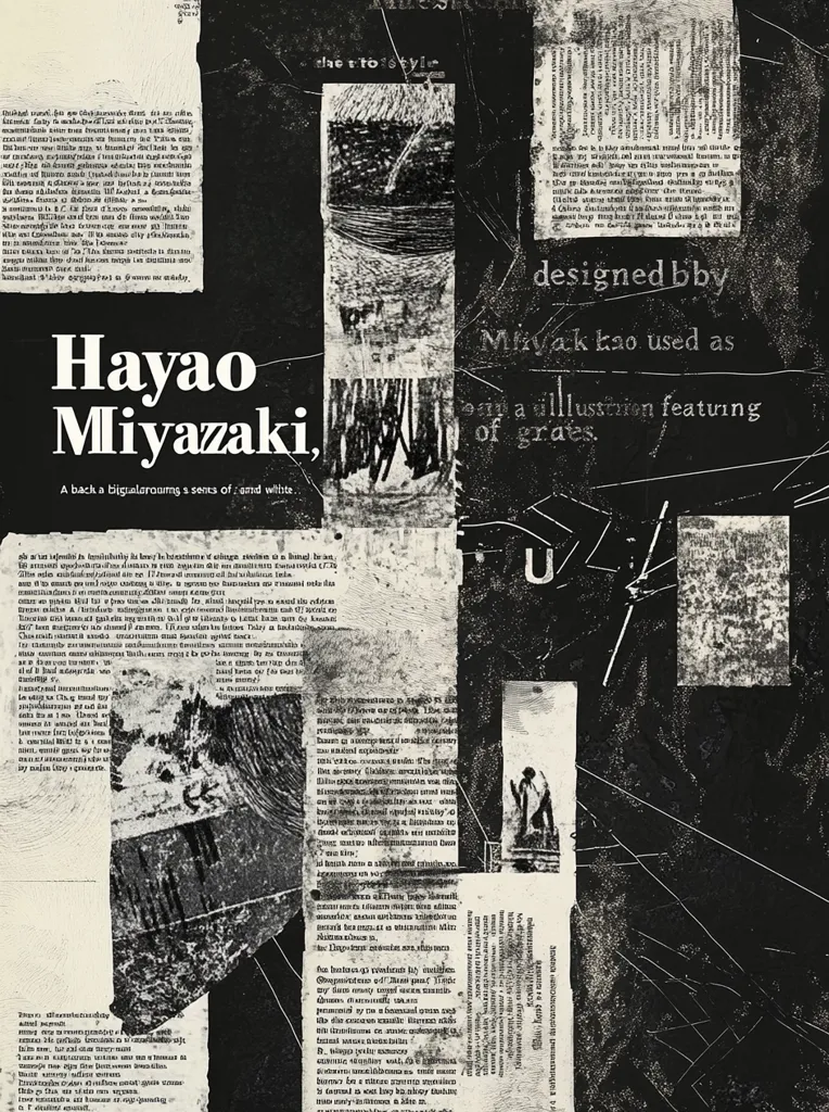 A black and white collage featuring Hayao Miyazaki's name prominently displayed.  The design incorporates snippets of text, appearing as aged newspaper clippings or book pages, overlaid with abstract markings and lines.  It's described as an illustration using a blend of text and graphic elements, creating a textured, layered effect.  The overall aesthetic is gritty and somewhat abstract.