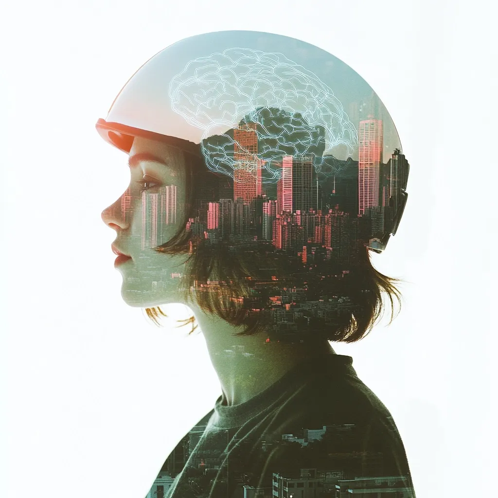 A double exposure image depicts a young woman in profile, wearing a helmet.  The helmet's interior is overlaid with a translucent image of a city skyline and a brain outline, creating a surreal blend of human consciousness and urban landscape. The overall effect is dreamlike and suggests a connection between the individual mind and the complexities of modern city life.  The color palette is muted, with warm and cool tones juxtaposed.