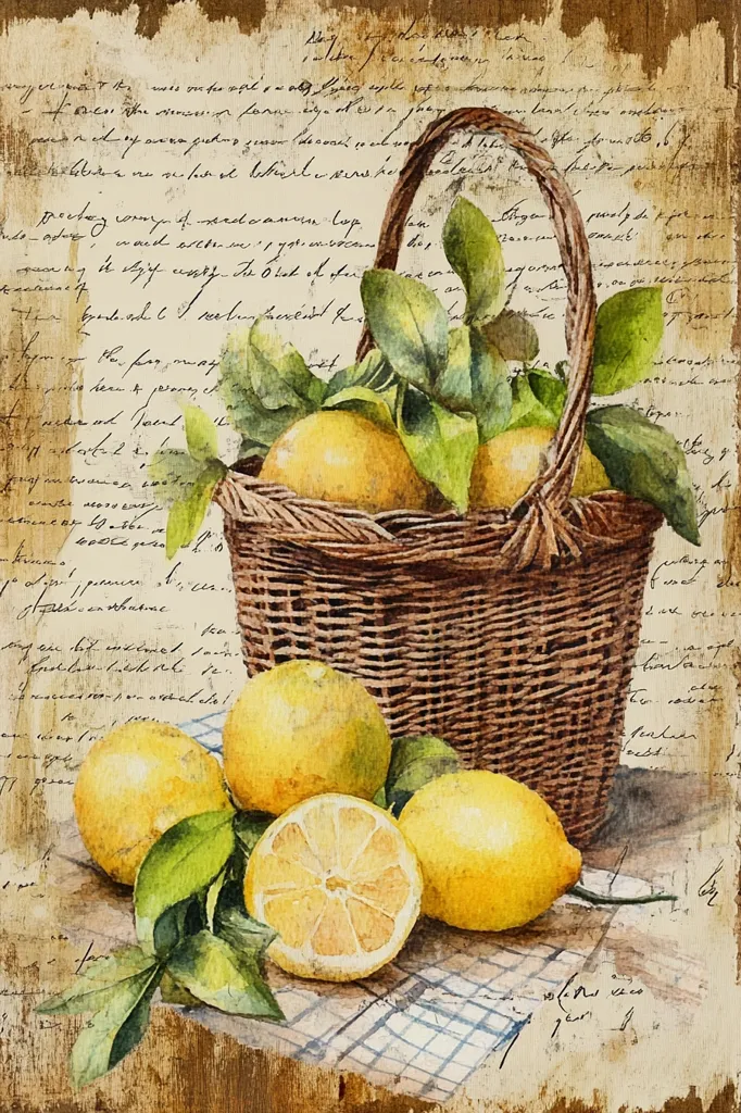 A watercolor painting depicts a wicker basket overflowing with ripe lemons and lush green leaves.  Several lemons sit spilled beside the basket on a checkered cloth, one cut in half to reveal its juicy interior.  The scene is overlaid on a textured background resembling aged parchment paper with handwritten script, creating a vintage aesthetic.  The overall style is rustic and charming, evoking a feeling of warmth and abundance.