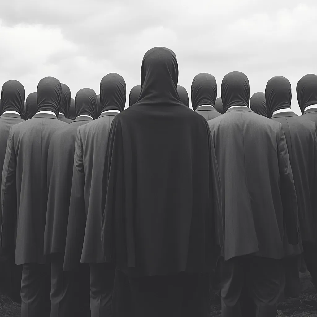 A large group of people, dressed identically in dark suits and heads covered, stand facing away from the camera.  The central figure wears a long, dark cloak, creating a visually striking contrast and emphasizing anonymity within the crowd.  The monochrome palette and overcast sky amplify the somber and somewhat unsettling atmosphere. The image evokes feelings of conformity and an obscured identity.
