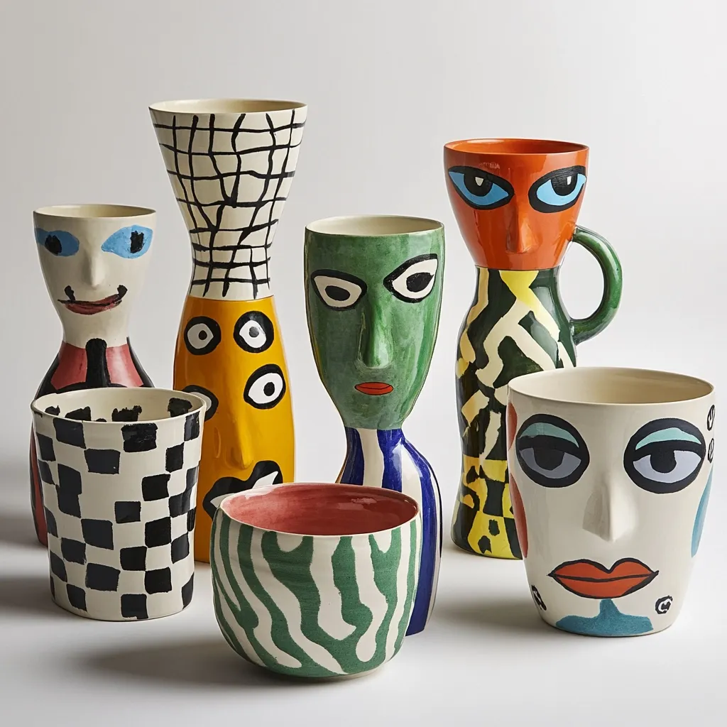 A collection of ceramic vessels, each uniquely decorated with stylized faces and bold geometric patterns.  The color palette is vibrant, featuring green, orange, yellow, red, and black against white backgrounds.  The pieces vary in shape and size, including vases, bowls, and a jug, creating a playful and artistic display. The faces are expressive and whimsical, contributing to an overall bold and modern aesthetic.