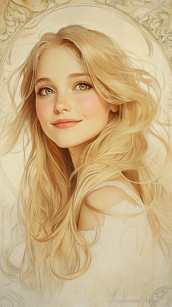 A portrait of a young woman with long, flowing blonde hair.  She has fair skin, light freckles, and green eyes. Her expression is gentle and sweet, with a soft smile. She is wearing a simple, off-the-shoulder white dress. The style is reminiscent of classical portraiture, framed by an ornate design. The overall palette is warm and soft, emphasizing a romantic and ethereal mood.