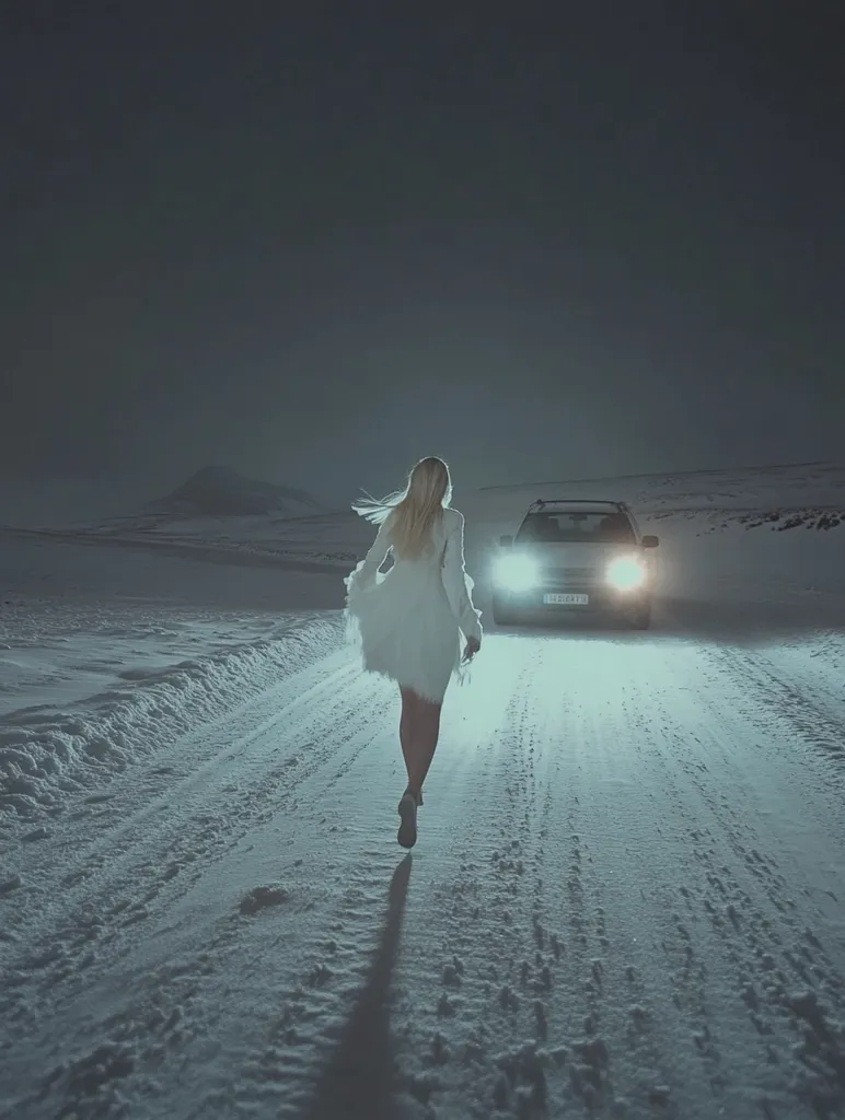 A blonde woman in a white dress walks away from a car on a snowy road at night.  The car's headlights illuminate her as she moves down the road, her figure silhouetted against the dark, wintry landscape.  The scene is atmospheric and evokes a sense of mystery or isolation.