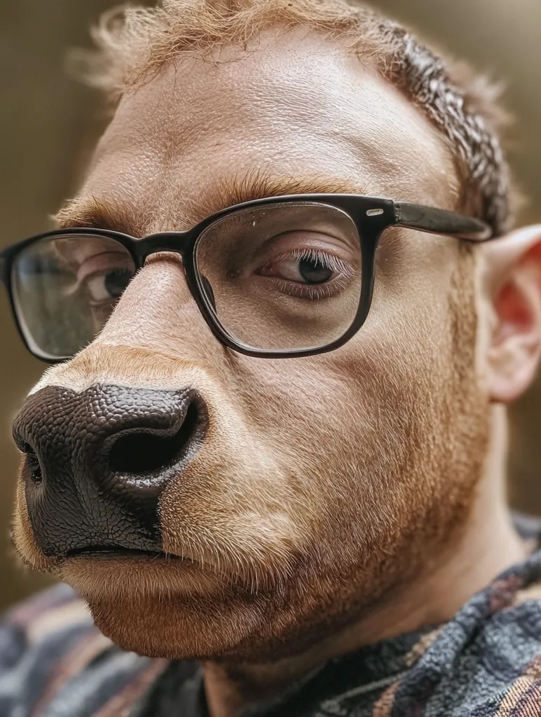 Close-up of a man's face digitally altered to resemble a cow.  He wears glasses and a plaid shirt.  The transformation is realistic, focusing on the nose and facial texture to create a convincing bovine effect. The man's expression is serious, adding to the surreal nature of the image.