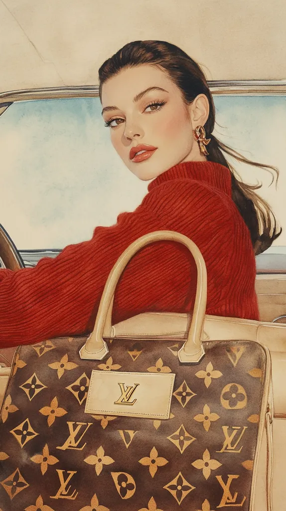 A stylish woman with dark brown hair, wearing a red sweater, sits in a car.  She gazes over her shoulder at the viewer.  She carries a large Louis Vuitton handbag, its signature monogram prominently displayed. The overall aesthetic is sophisticated and reminiscent of vintage fashion illustrations.  The artwork is painted in a watercolor style, with soft, blended colors.