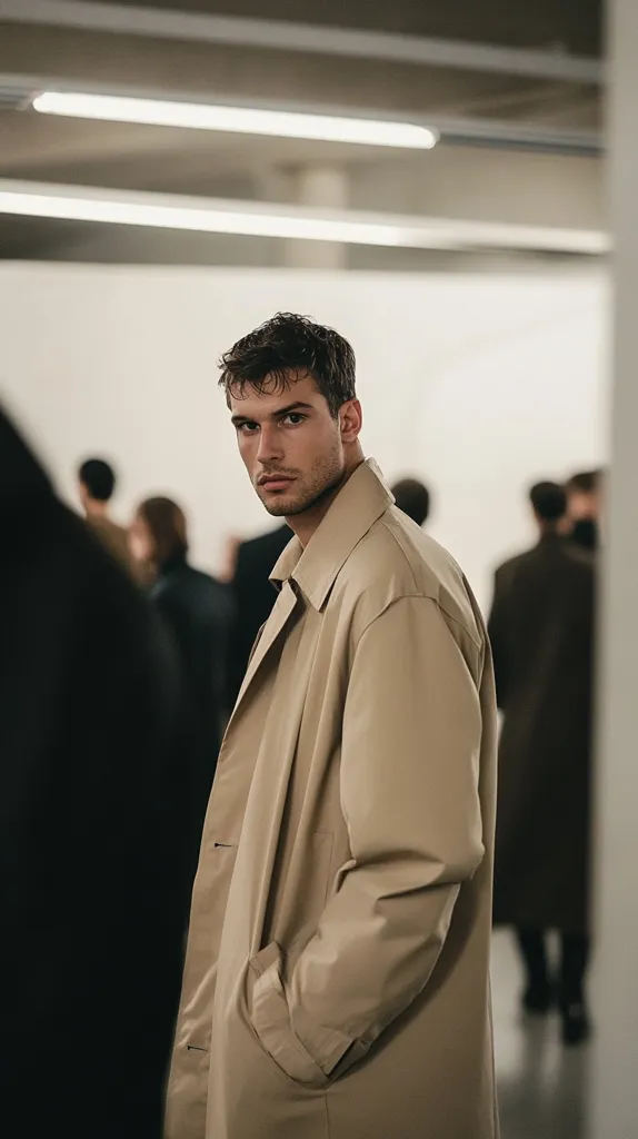 A young man with short brown hair stands in a light beige, long overcoat. He looks directly at the camera with a serious expression. The background is blurred, showing other people in a minimalist, modern interior space. The overall mood is stylish and slightly enigmatic.