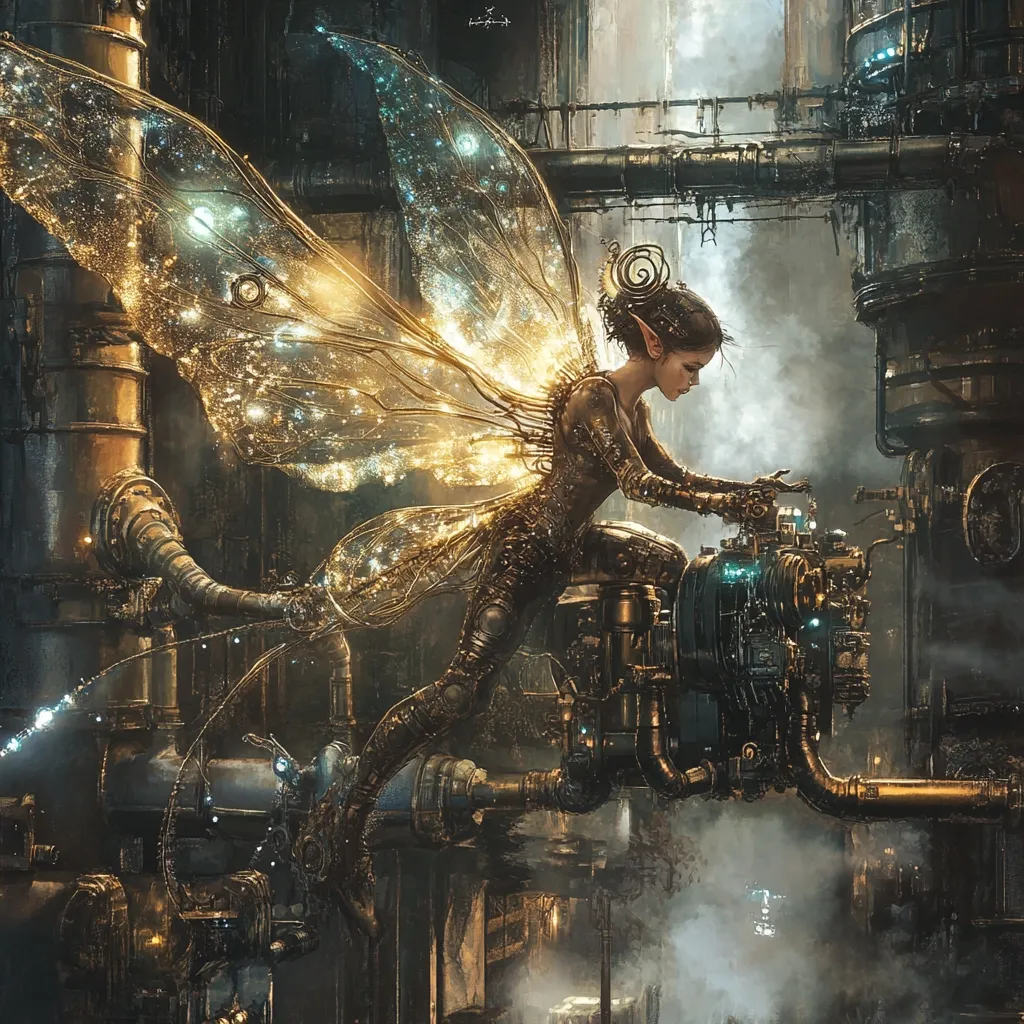 A steampunk fairy, with intricate, luminous golden wings, meticulously works on a complex piece of machinery within a grimy, industrial cityscape.  Her attire blends organic and mechanical elements, reflecting the fusion of nature and technology.  The scene is rich in detail, showcasing the fairy's delicate yet determined focus amidst the towering pipes and gears of her environment.  Sparks of energy subtly illuminate the scene.