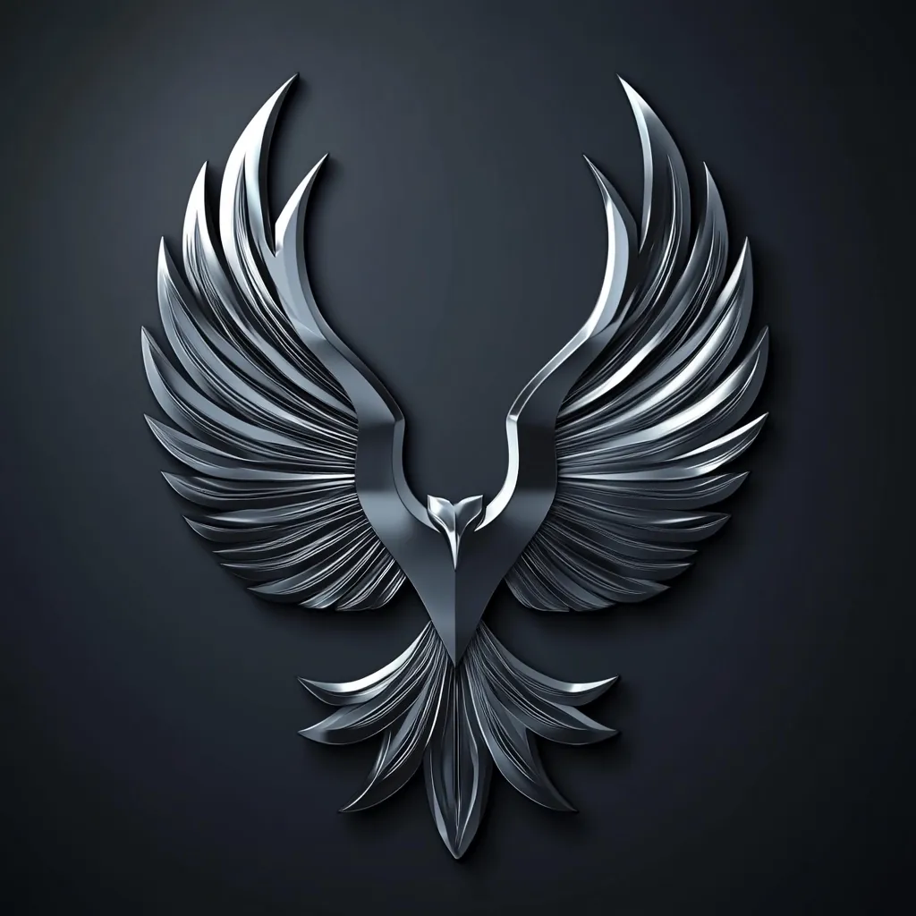 A stylized, metallic phoenix is depicted against a dark background.  Its wings are spread wide, forming a symmetrical shape, with intricate detailing in the feathers. The bird's body is sleek and angular, and the overall design conveys power and elegance.  The silver-like finish gives it a modern, almost regal appearance. The image is likely a digital rendering.