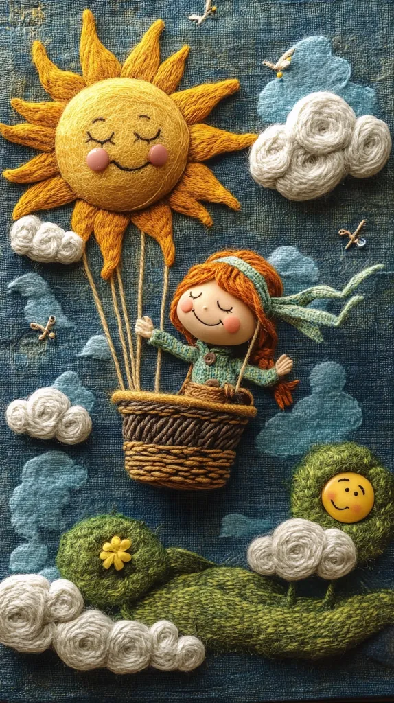 A whimsical textile artwork depicts a smiling girl in a hot air balloon shaped like a sun.  The sun, crafted from yarn, has a cheerful face, and the girl has rosy cheeks and closed eyes.  Fluffy yarn clouds drift by, along with small yarn trees on a green hillside. The entire piece is a charming and skillfully executed yarn embroidery on a dark blue background.