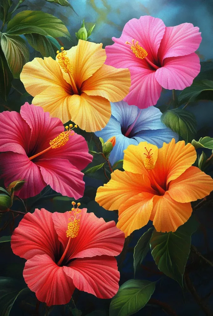 A vibrant cluster of hibiscus flowers in various colors, including pink, yellow, orange, red, and light blue, are depicted in a lush, detailed painting.  The flowers are richly saturated, showcasing the delicate texture of their petals.  Dark green foliage provides a dramatic backdrop, enhancing the brilliance of the blooms.  The overall impression is one of tropical beauty and abundance.