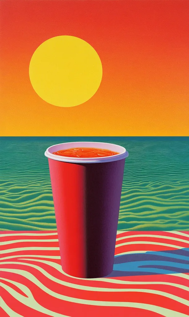 A vibrant pop art-style painting depicts a red cup filled with a reddish-orange liquid, sitting on a striped surface resembling a beach towel.  The background showcases a stylized ocean with wavy, teal-green water under a large, yellow sun set against an orange-red sky.  The overall effect is bold, graphic, and evocative of a summer beach scene.