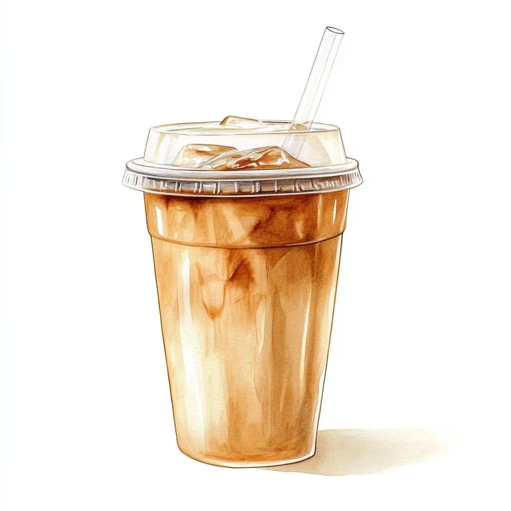 A watercolor painting depicts a large iced coffee in a clear plastic cup with a dome lid and straw.  The coffee is light brown, showing the ice cubes within.  The cup casts a slight shadow on the white background, enhancing the realistic depiction of the refreshing beverage.