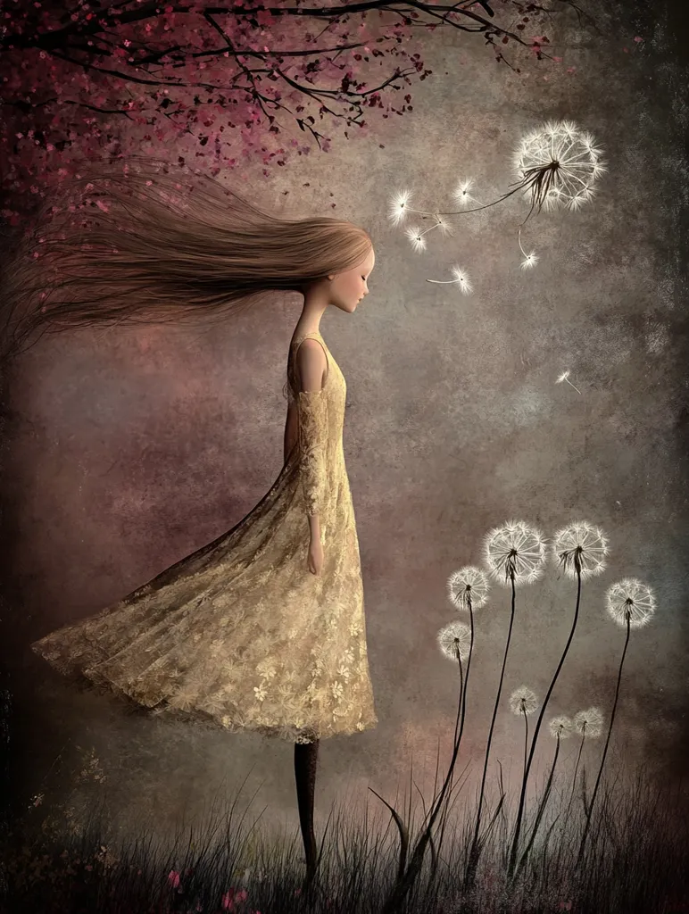 A wistful girl in a flowing, lace-adorned yellow dress stands amidst a field of dandelions.  Her long hair streams behind her, mirroring the dandelion seeds carried on the wind.  A muted, atmospheric background of a flowering tree and dusky sky enhances the melancholic, dreamlike quality of the artwork.  The overall impression is one of gentle sorrow and the fleeting nature of time.